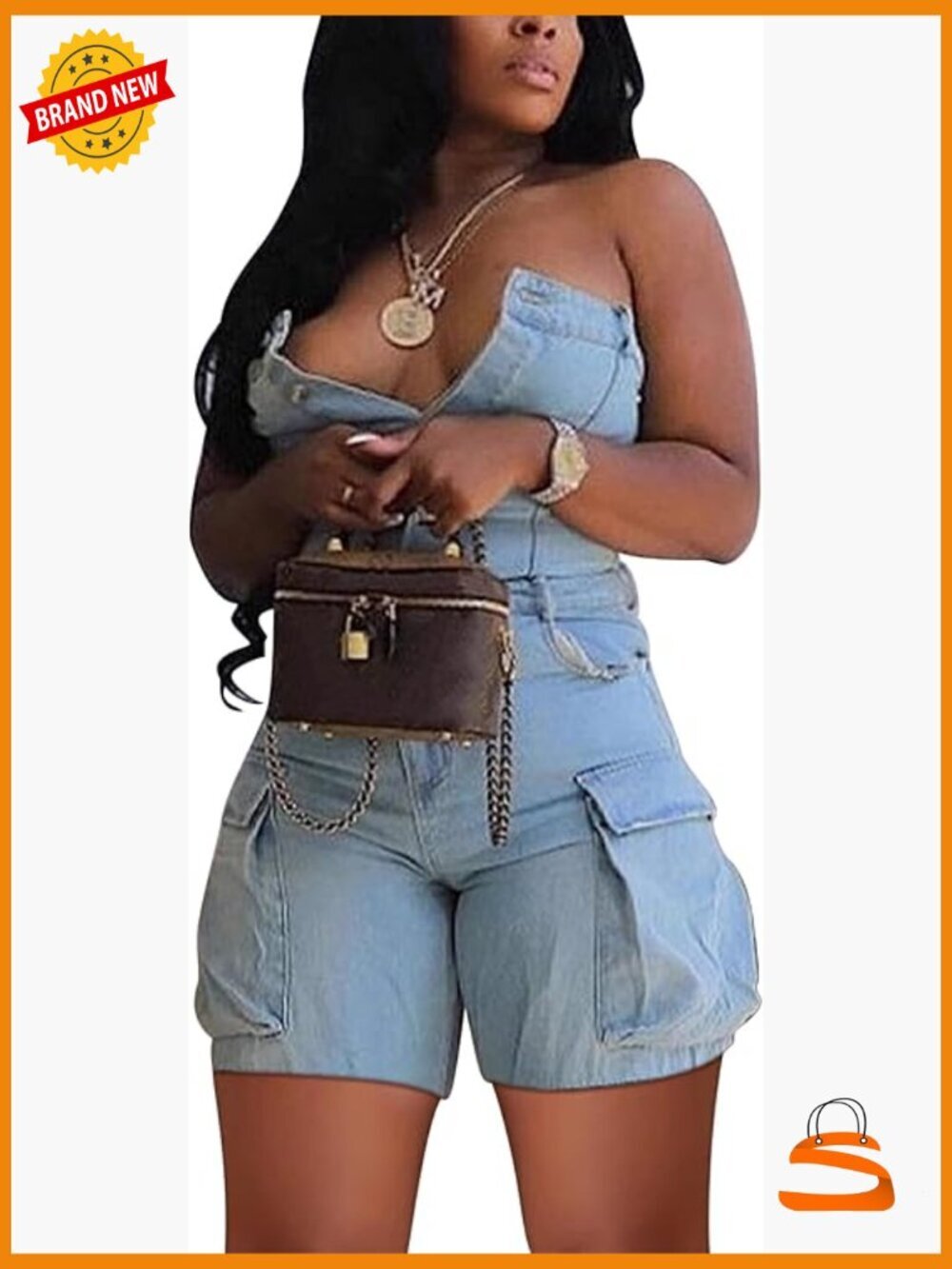 Sexy Strapless Denim Cargo Romper Sleeveless Stretch Jean Jumpsuit Shorts